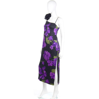 1970s Galanos Purple Floral Silk Evening Dress w Black Flower w slit