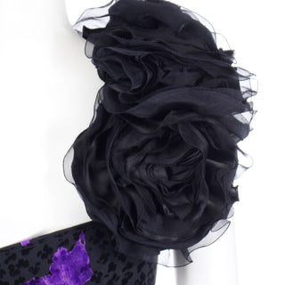 1970s Galanos Purple Floral Silk Evening Dress w Organza Black Flower