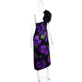 1970s Galanos Purple Floral Silk Print Evening Dress w Black Flower 
