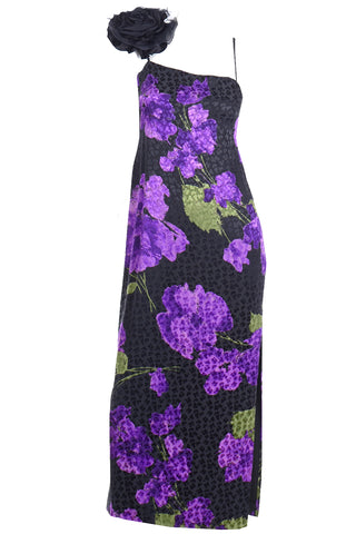 1970s Galanos Purple Floral Silk Evening Dress w Black Flower