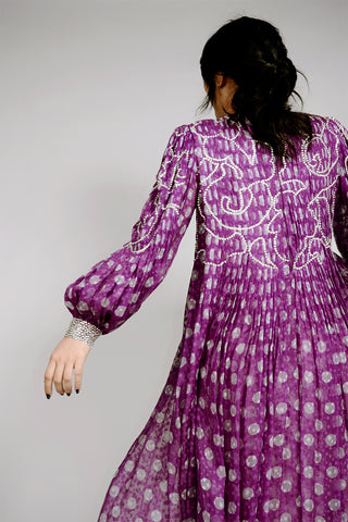 Vintage Galanos Bishop Sleeve Sequin & Rhinestone Purple Polka Dot Evening Dress