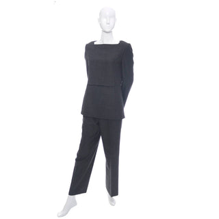 Minimalist vintage Galanos gray wool two piece outfit with a tunic top and trouser pants