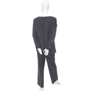 Minimalist style Galanos gray wool two piece outfit with a tunic top and trouser pants suit