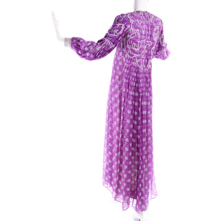 James Galanos Purple Polka Dot Silk Pleated Dress w Silver Sequins