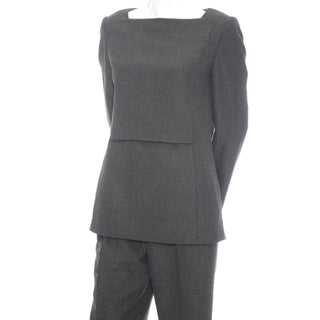 Minimalist style Galanos gray wool two piece outfit with a tunic top and trouser pants