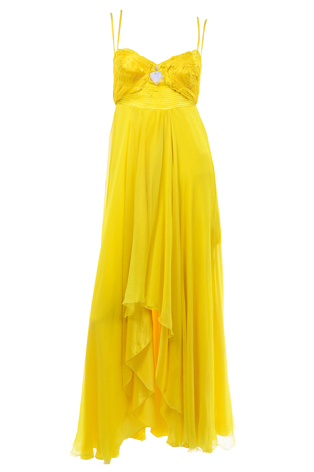 Gattinoni Yellow Silk Chiffon High Low Evening Dress w Cutout Gattinoni Yellow Silk Chiffon High Low Evening Dress w Cutout