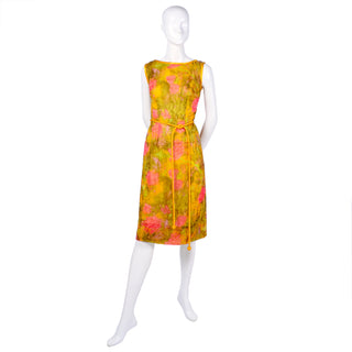 Gene Kristeller Green yellow pink floral silk sleeveless vintage dress