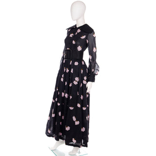 Vintage Geoffrey Beene 1960s Black Dress with Pink Floral Print and Wide Round Collar