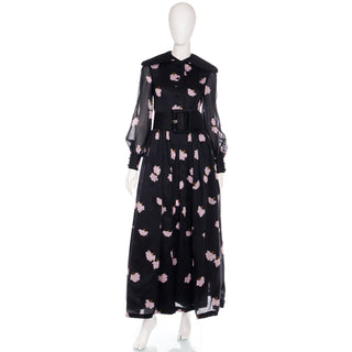 Geoffrey Beene 1960s Black Dress with Pink Floral Print and Wide Round Collar
