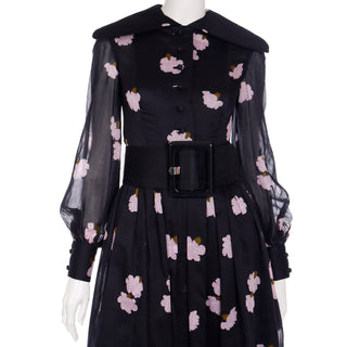 Vintage 1960s Geoffrey Beene Black Floral Dress with Wide Belt and Sheer Sleeves