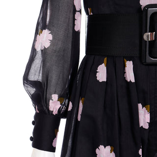 Geoffrey Beene 1960s Black Dress with Pink Floral Print and Sheer Bishop Sleeves