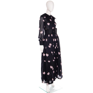 1960s Geoffrey Beene Black Dress with Pink Floral Print and Wide Round Collar