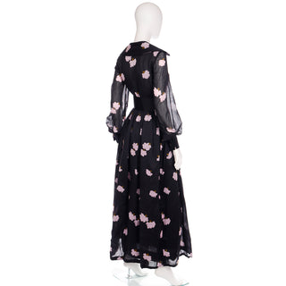 Geoffrey Beene 1960s Black Cotton Dress with Pink Floral Print and Wide Round Collar