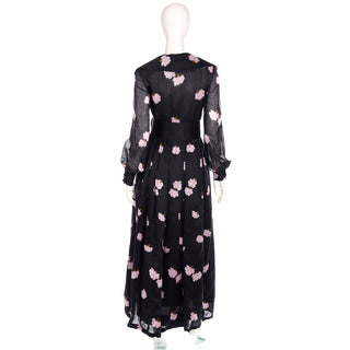 Geoffrey Beene 1960s Black Long Maxi Dress with Pink Floral Print