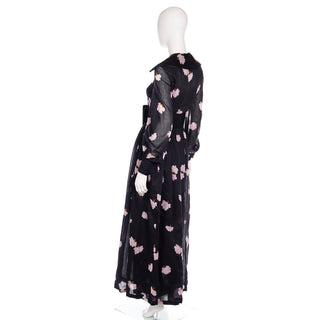 Geoffrey Beene 1960s Black Dress with Pink Floral Print and Wide Belt