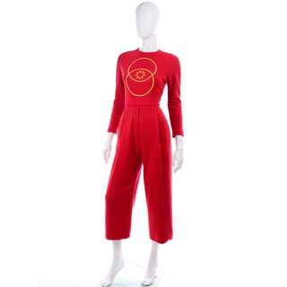 1980s Vintage Geoffrey Beene Red Jumpsuit With Gold Embroidery
