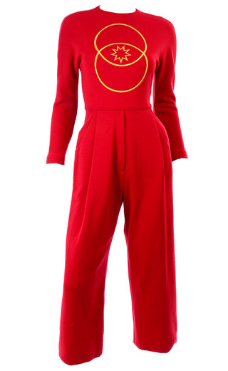 Vintage Geoffrey Beene Red Jumpsuit With Gold Embroidery