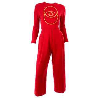 1980s Vintage Geoffrey Beene Red Jumpsuit Gold star Embroidery