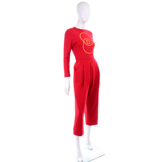 80s Vintage Geoffrey Beene Red Jumpsuit W Gold Embroidery