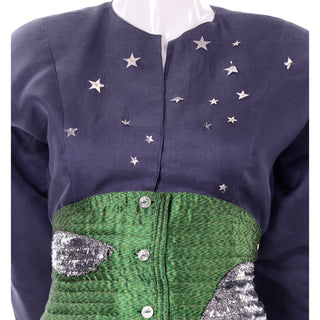 Geoffrey Beene Vintage Green High Waisted Skirt & Blue Star Top 2 pc Dress Lightening Bolt