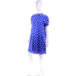 Blue & White Polka Dot Silk Geoffrey Beene Vintage Dress Short Sleeves