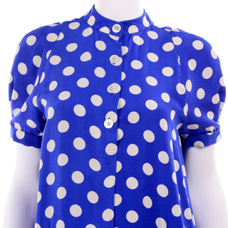 Blue & White Polka Dot Silk Geoffrey Beene Vintage Dress High Neck