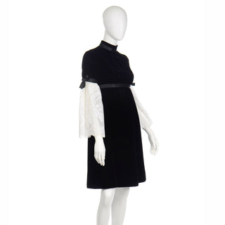 Rare Geoffrey Beene Vintage Black Velvet Dress w Lace Poet Sleeves 1960s