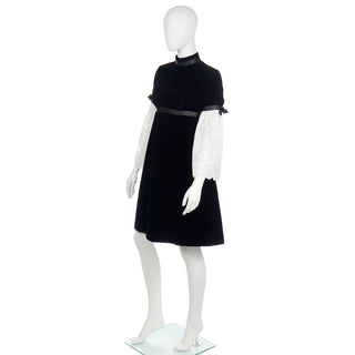 1960s Geoffrey Beene Vintage Black Velvet Dress w Lace Poet Sleeves
