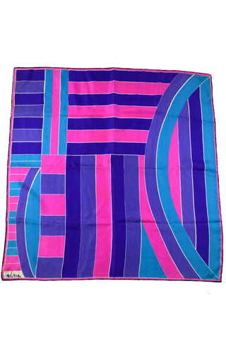 1960s Gold-Piece Collection Vera Neumann Pink, Purple & Teal Geometric Striped Scarf