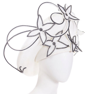 2000s George Zamau'l Couture Vintage Black & White Rhinestone Hat with Flower Design