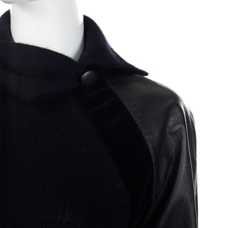 Unique 1980s Gianfranco Ferre Vintage Black Wool Sweater Top w Leather Trim