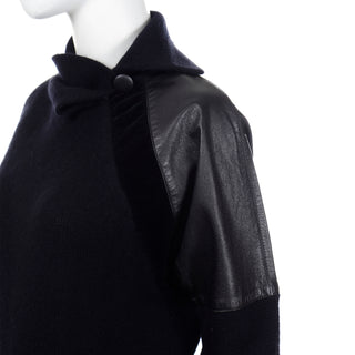 1980s Gianfranco Ferre Vintage Black Wool Sweater Top w Leather Trim Rare