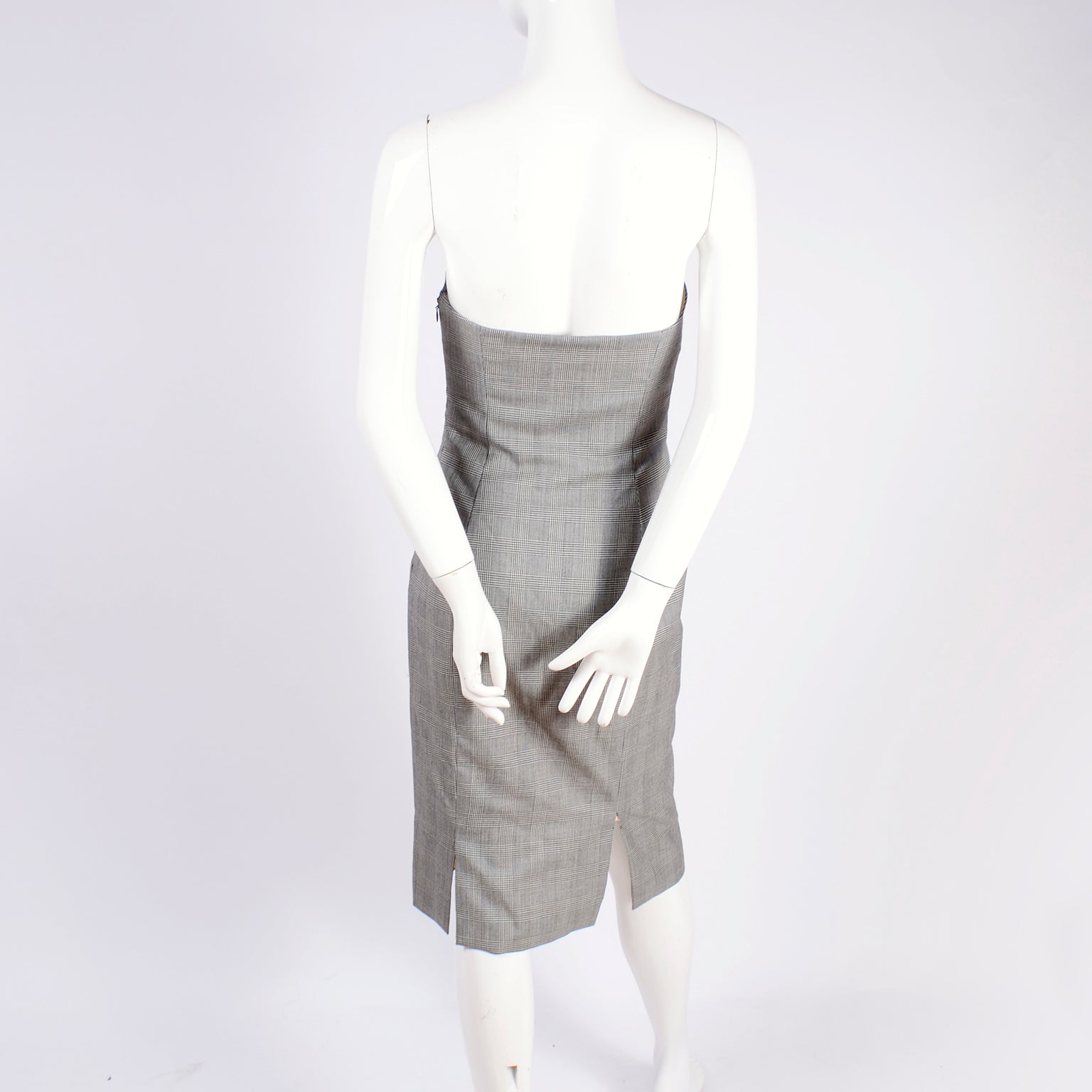 S/S 98 Versace Strapless Kate Moss Dress Gray Distressed Houndstooth Modig S/S 98 Versace Strapless Kate Moss Dress Gray Distressed Houndstooth Modig