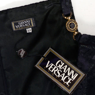 1996 Gianni Versace Couture Black Lace Satin Dress w/ Medusa Buckles Deadstock