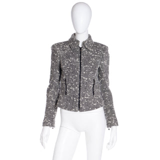 2000s Gianni Versace Couture Black & White Boucle Wool Zipper Front Jacket