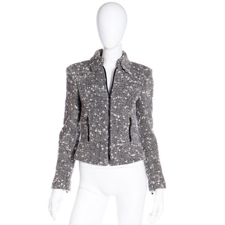 Vintage 2000s Gianni Versace Couture Black & White Boucle Wool Zip Front Jacket