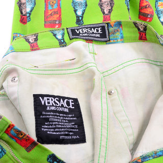 1990s Versace Jeans Couture Apple Green Bottle Print High Waist Pants