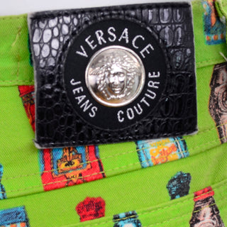 1990s Versace Jeans Couture Apple Green Bottle Print High Waist Pants