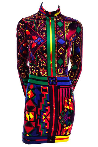 1990s vintage versace bold pattern fabric colorful bodycon dress