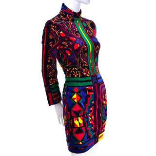 1990s colorful versace patterned velvet bodycon turtleneck dress 
