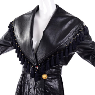 Gianni Versace leather coat w/ tassel collar