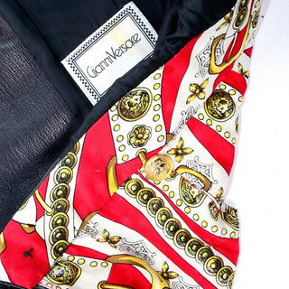 Gianni Versace silk scarf print lining on black leather coat