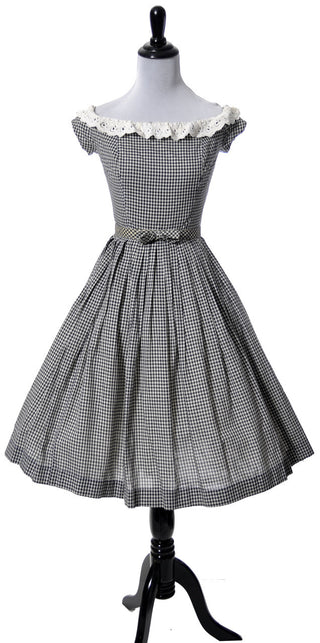 Vintage Black and White Gingham Dress with Eyelet Lace - Dressing Vintage
