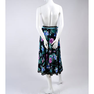 Vintage 1980s Giorgio di Sant'angelo Skirt in Blue and Black Cotton Floral Print w Sequins