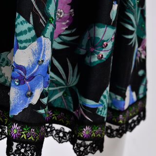 Vintage 1980s Giorgio di Sant'angelo Skirt in Black Cotton Floral Print w Sequins lace trim