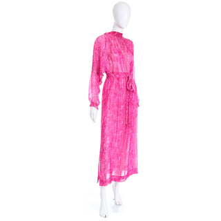 1970s Givenchy Pink Watercolor Silk Sheer Print day or evening Dress w Low Back