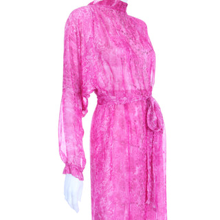 1970s Givenchy Pink Watercolor Silk Sheer Dress w Low Back with sash