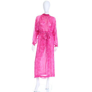 1970s Givenchy Pink Watercolor Silk Sheer Print Dress w Low Back