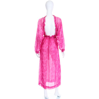 1970s Givenchy Pink Watercolor Silk Sheer Dress w Low Back Ruffles