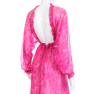 1970s Givenchy Pink Watercolor Silk Sheer Dress w Low Back Unique 